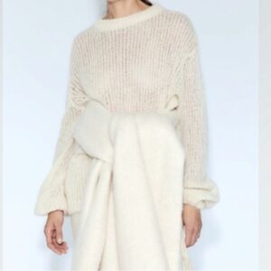 NWT ZARA Cream Wool and Alpaca Blend Drawstring Knit Sweater. Size M
